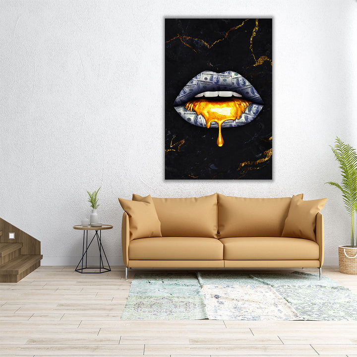 Money Lips Dripping Gold - Canvas Print Wall Art