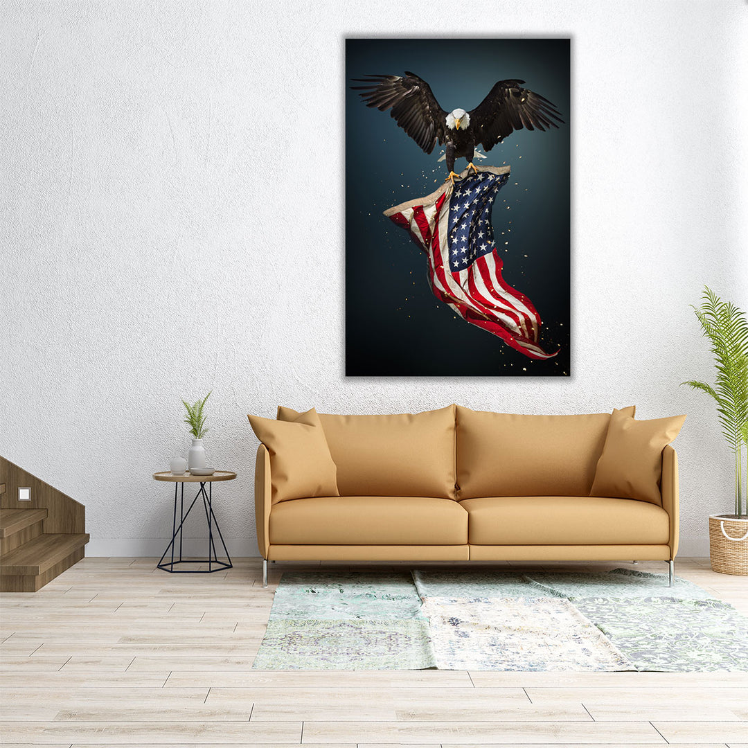North American Eagle Flying With American Flag - Canvas Print Wall Art