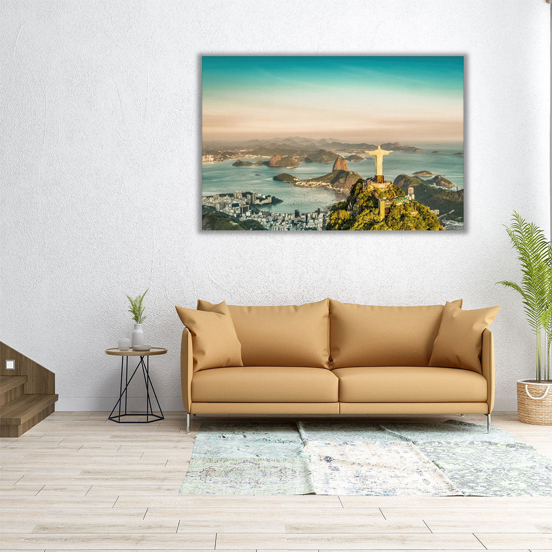 30x30 rock and statue wall art with natural tones
