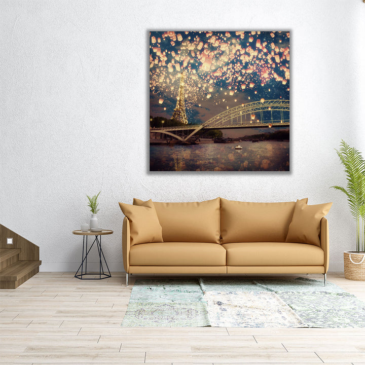 Love Wish Lanterns Over Paris - Canvas Print Wall Art