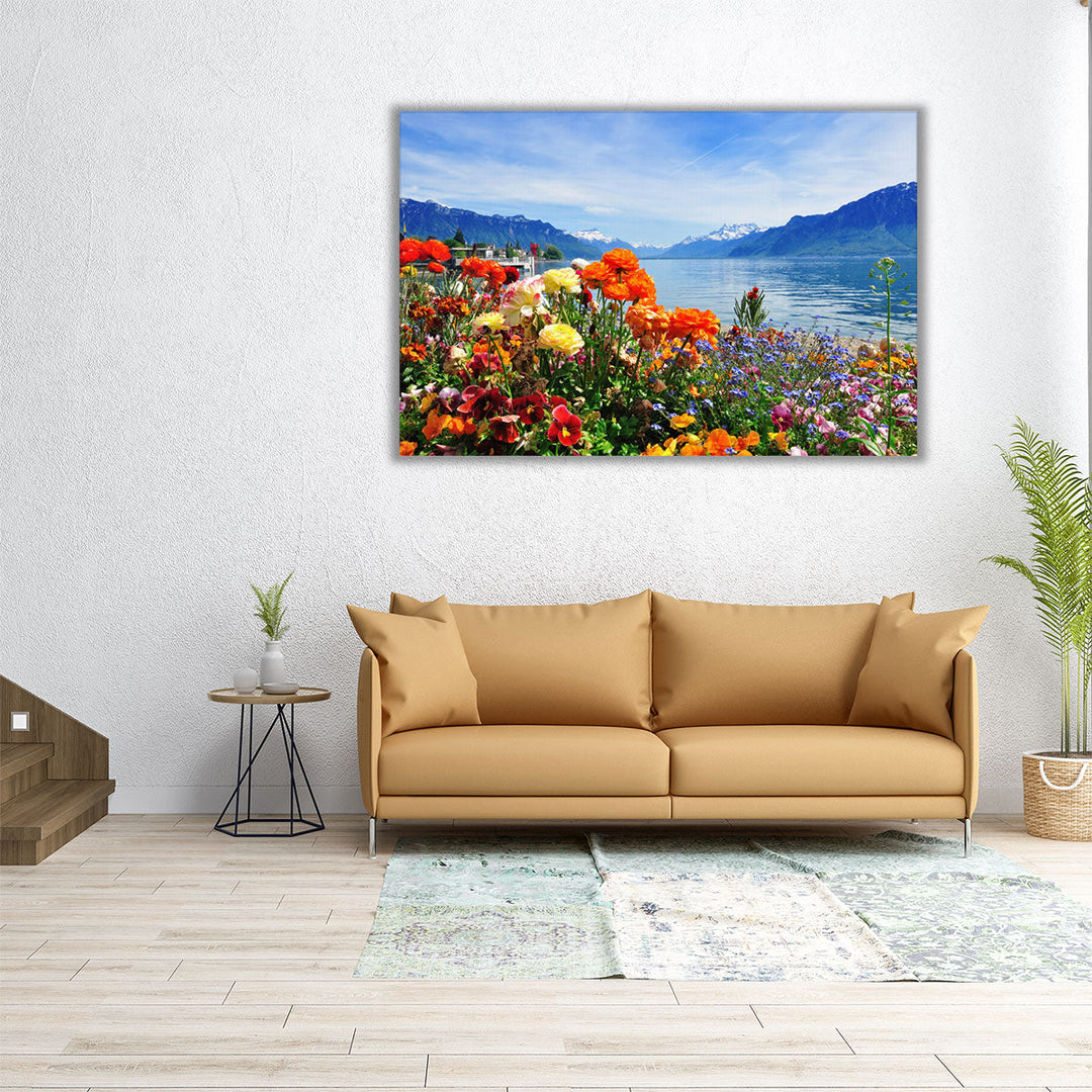 Colorful Flowers in Bloom Near Lakeshore - Canvas Print Wall Art