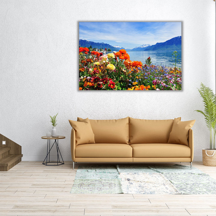 Colorful Flowers in Bloom Near Lakeshore - Canvas Print Wall Art