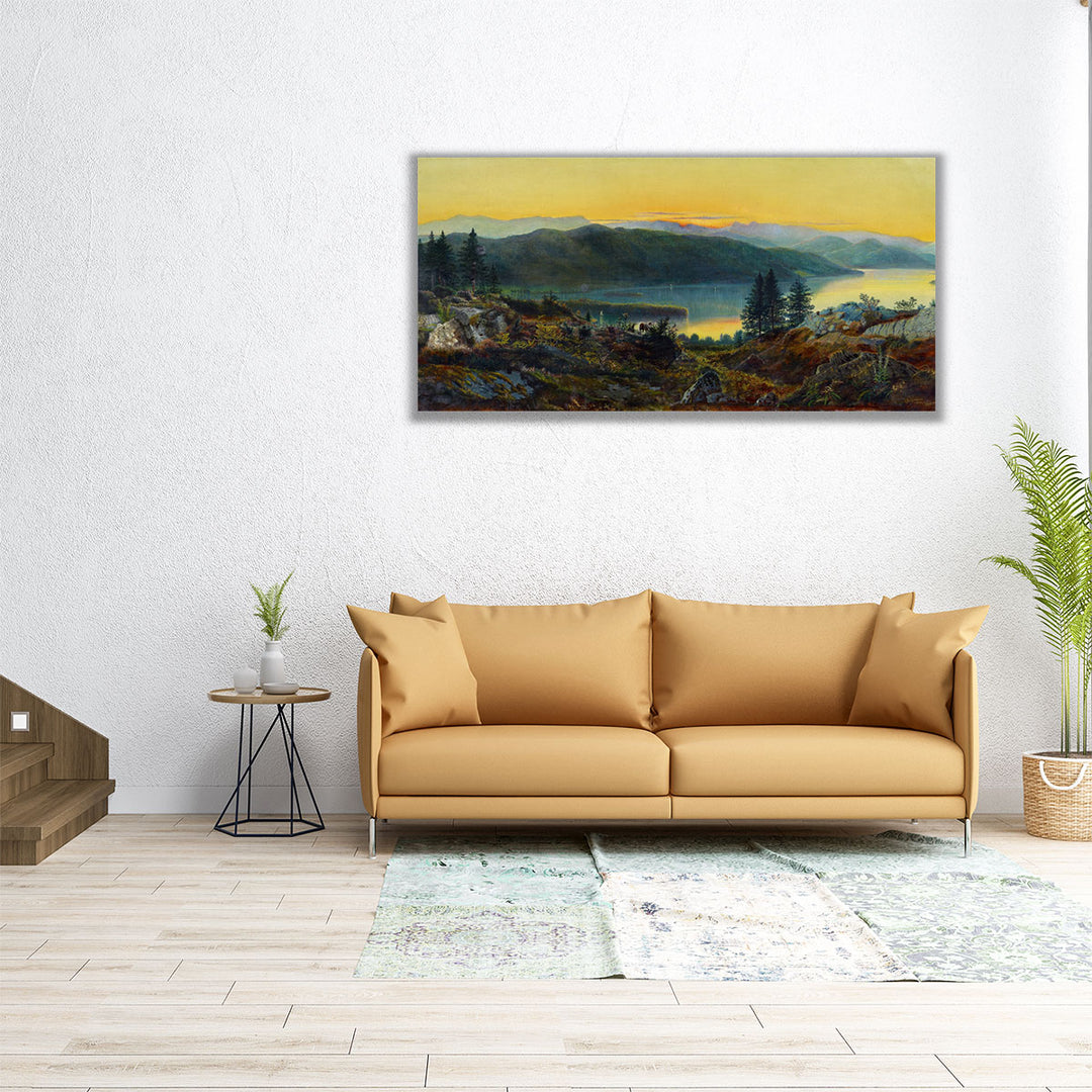 60x30 mountain and lake canvas with soft yellow hues