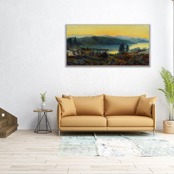 60x30 mountain and lake canvas with soft yellow hues