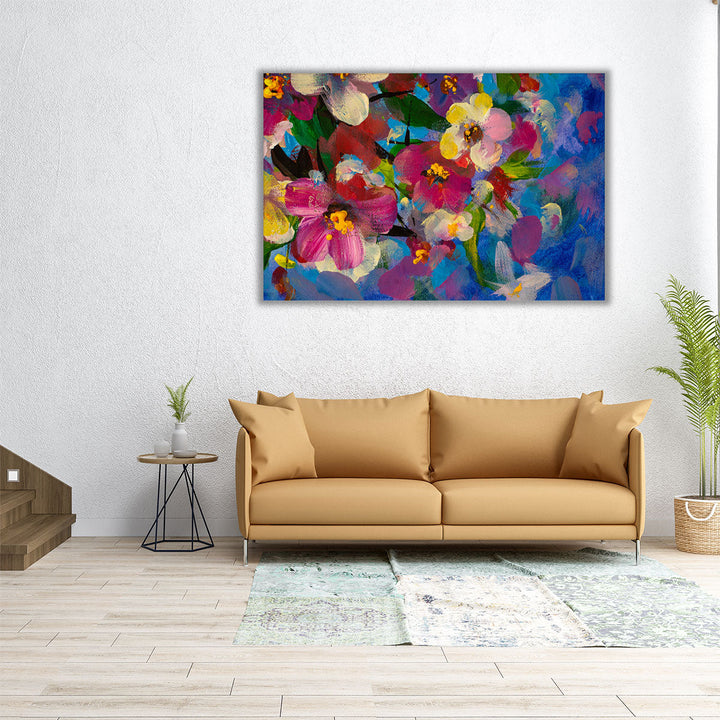 Colorful Oil Painting of Pink, Yellow and Red Flowers - Canvas Print Wall Art