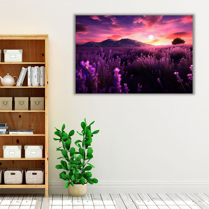 Purple flower wall art with sunset and scenic view