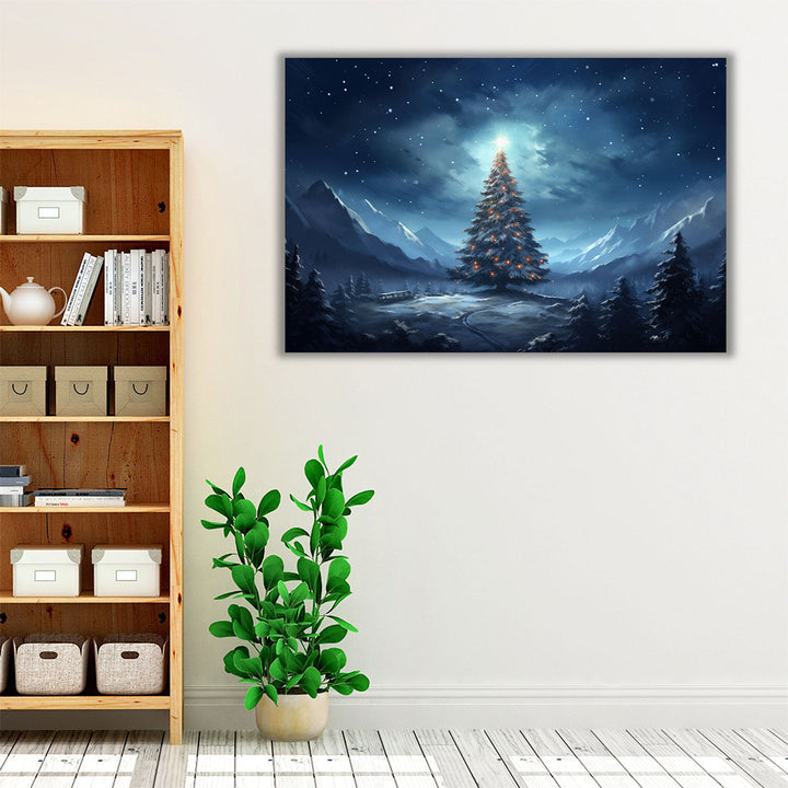 Holiday tree art with mountain and winter scenery