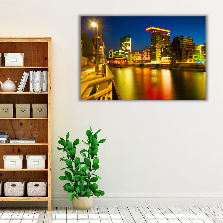 Colorful Night Scene of Rhein River in Dusseldorf, Germany - Canvas Print Wall Art