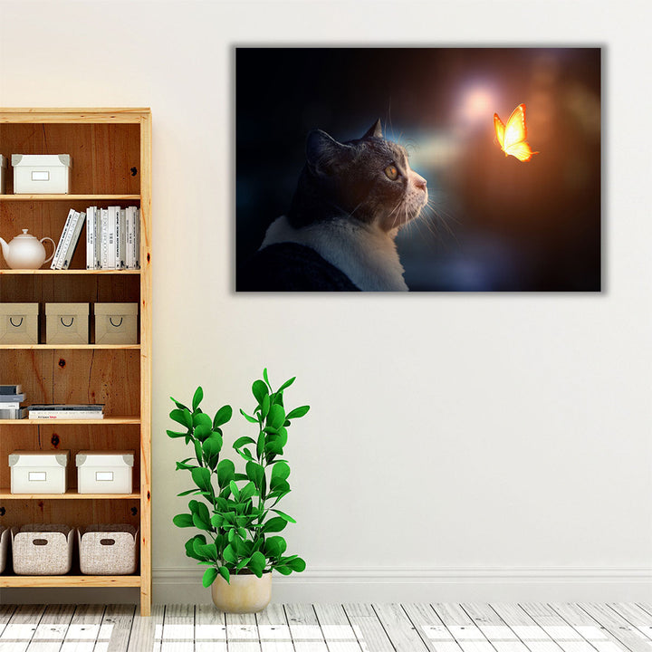 A Cat Looking At A Fantastic Light Butterfly - Canvas Print Wall Art