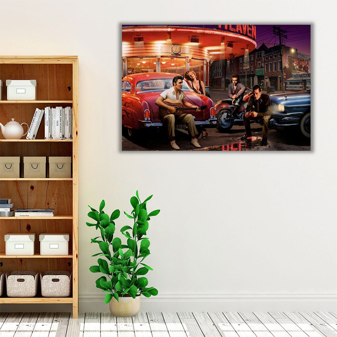 Espresso framed canvas above living room sofa
