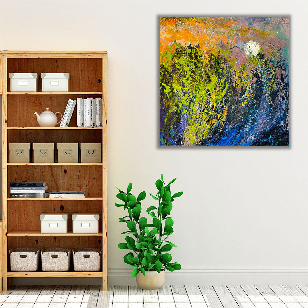 Contemporary wall art with abstract moon and landscape elements