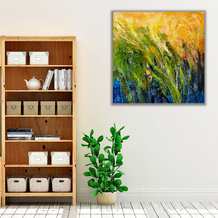 Artistic living room wall decor with sunrise and abstract landscape