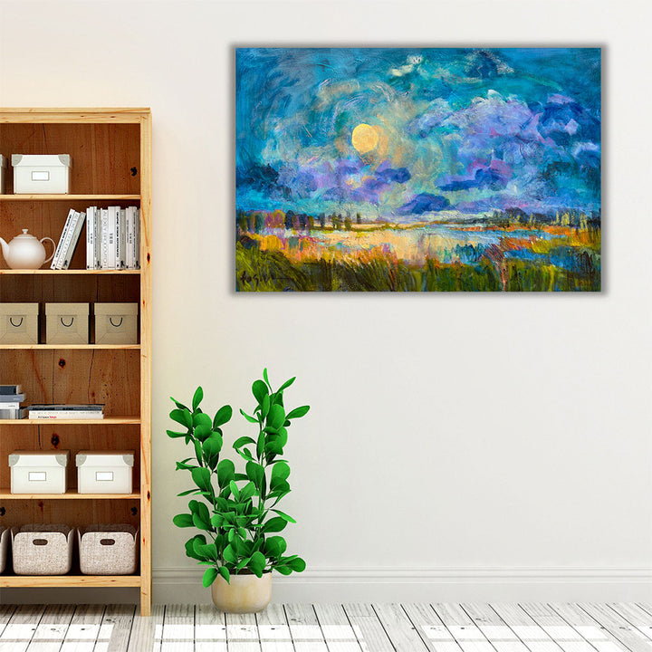 Blue yellow and green wall art with moon view
