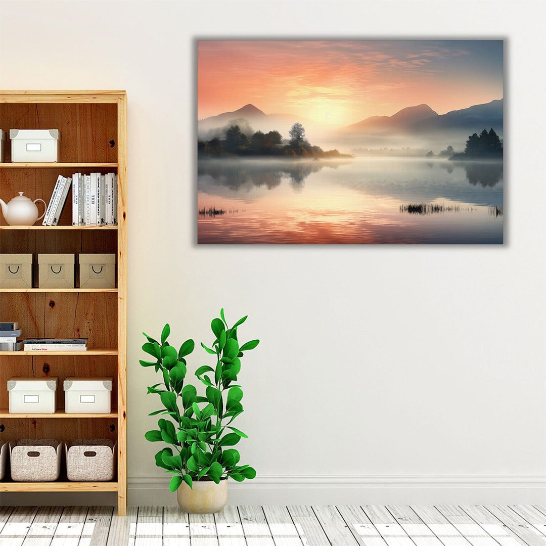 Neutral and orange scenic lake artwork
