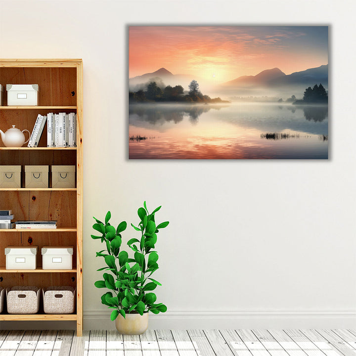 Neutral and orange scenic lake artwork