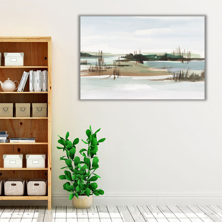Green brown and neutral art with scenic abstract feel