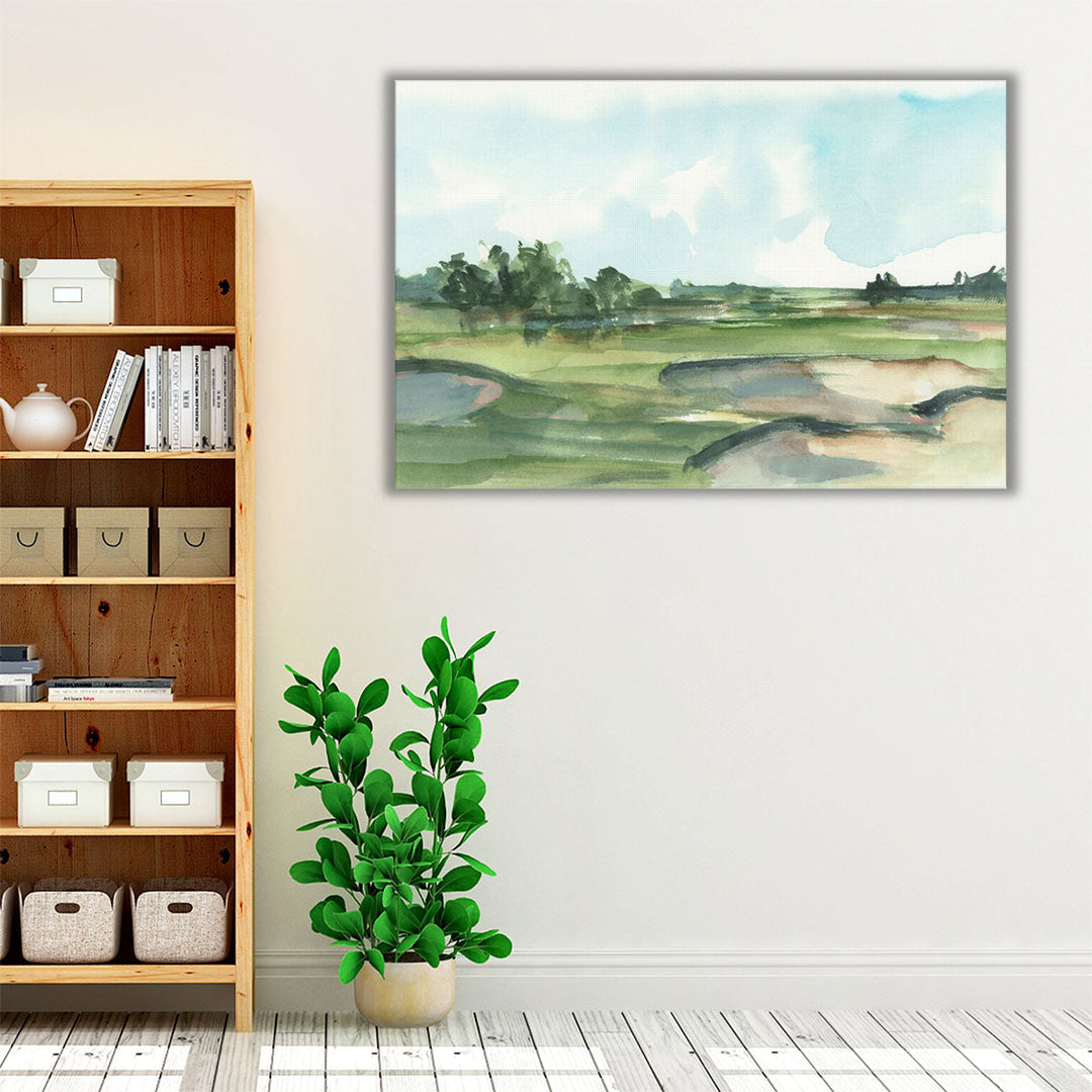 Neutral and green abstract watercolor scene