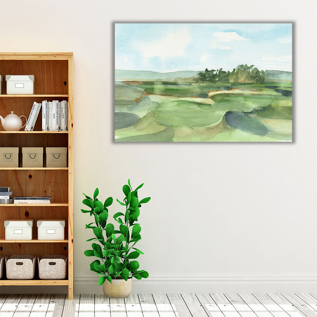 Neutral and green abstract watercolor scene