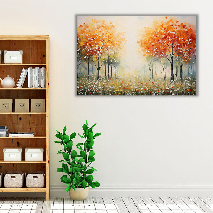 Neutral and orange wall art with scenic floral design