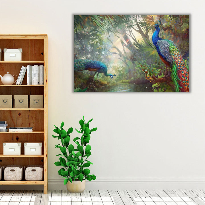 Two Beautiful Peacocks In the Forest Painting Print - Canvas Print Wall Art