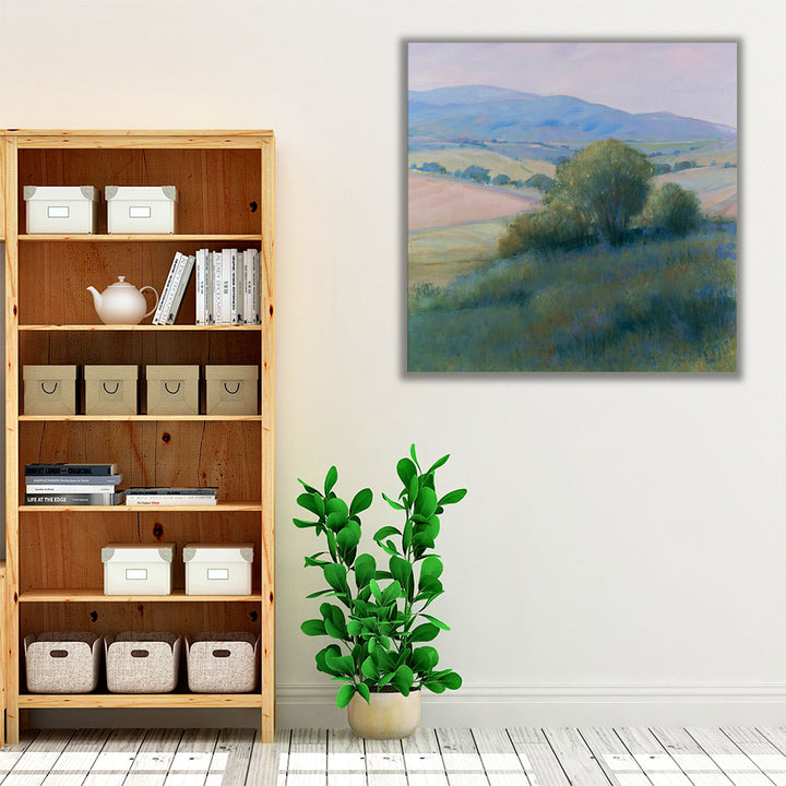 Neutral wall art with mountain and grass elements