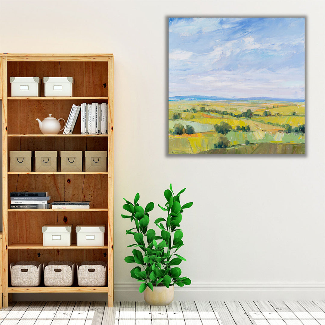 Peaceful landscape art with green and blue tones for farmhouse