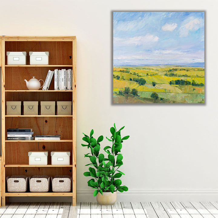 Framed canvas hanging in living room with vista