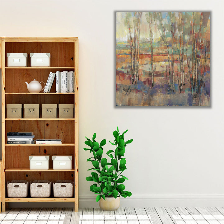 Green brown and neutral wall art with forest landscape
