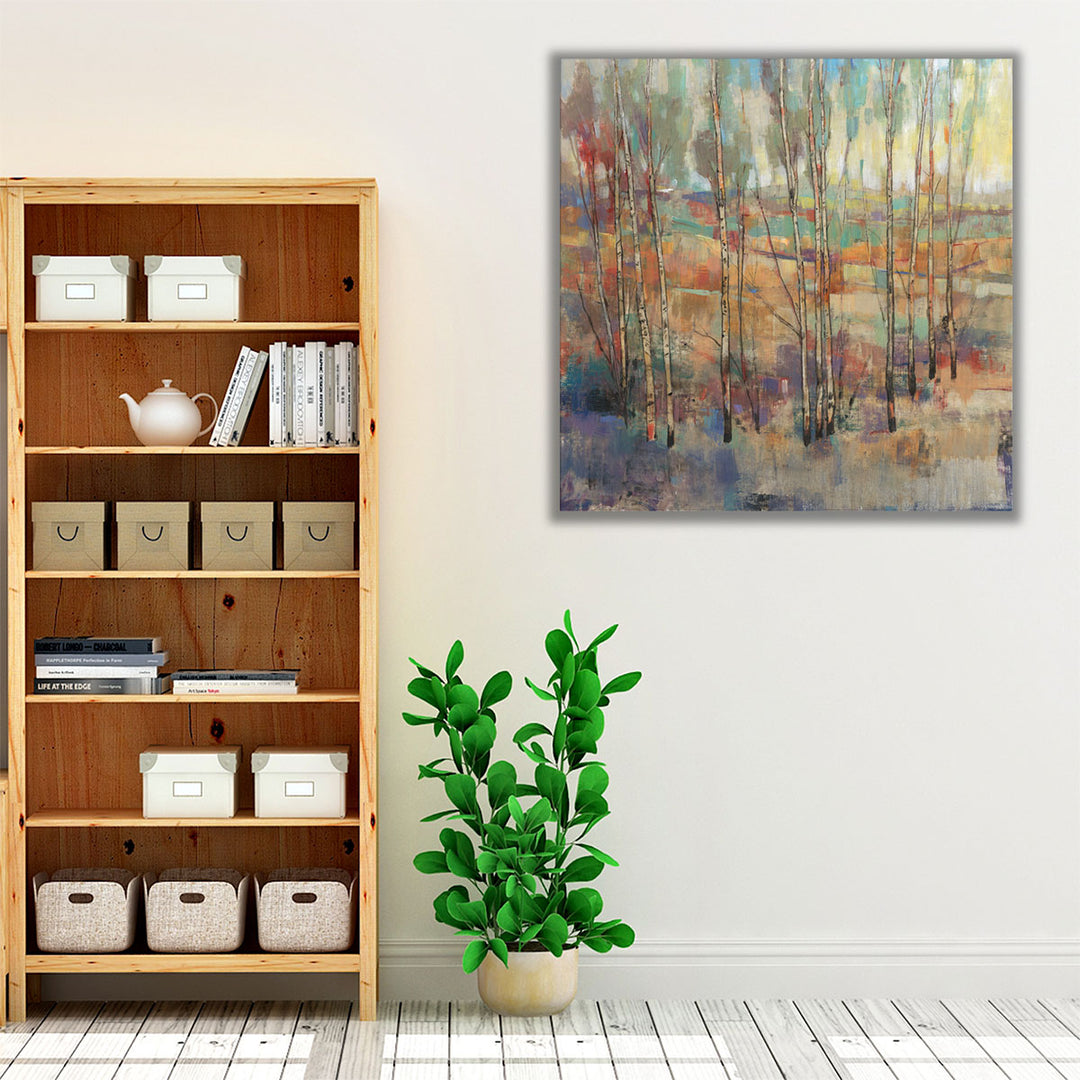 Green brown and neutral wall art with abstract forest style