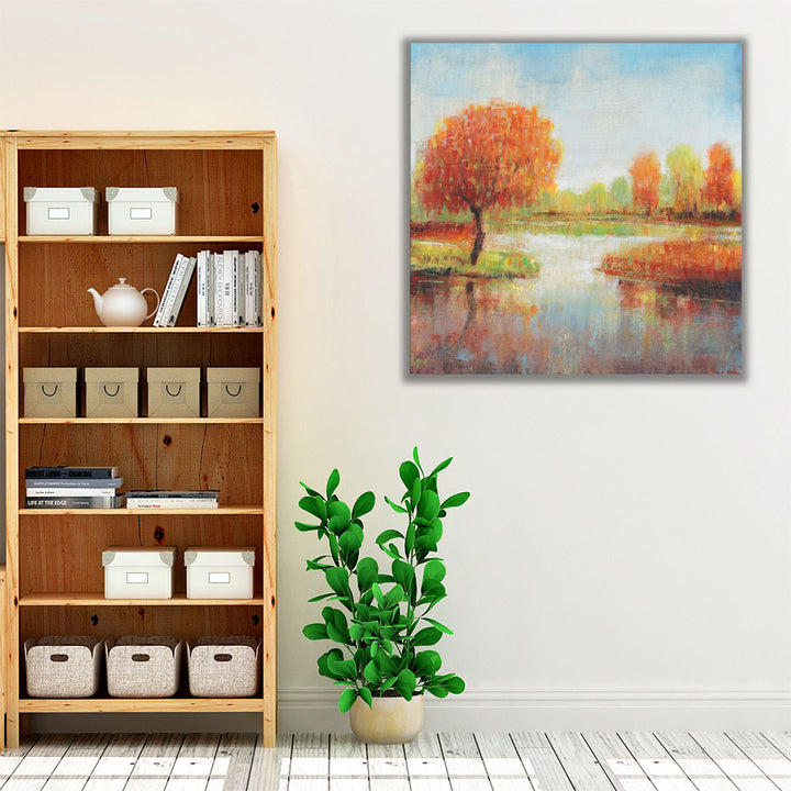Blue neutral and orange wall art with scenic lake view