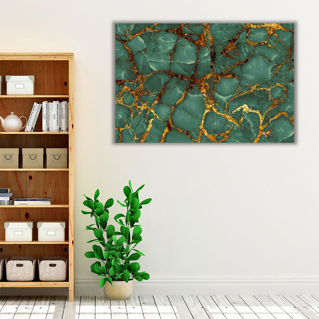 Green and gold framed artwork for hallway