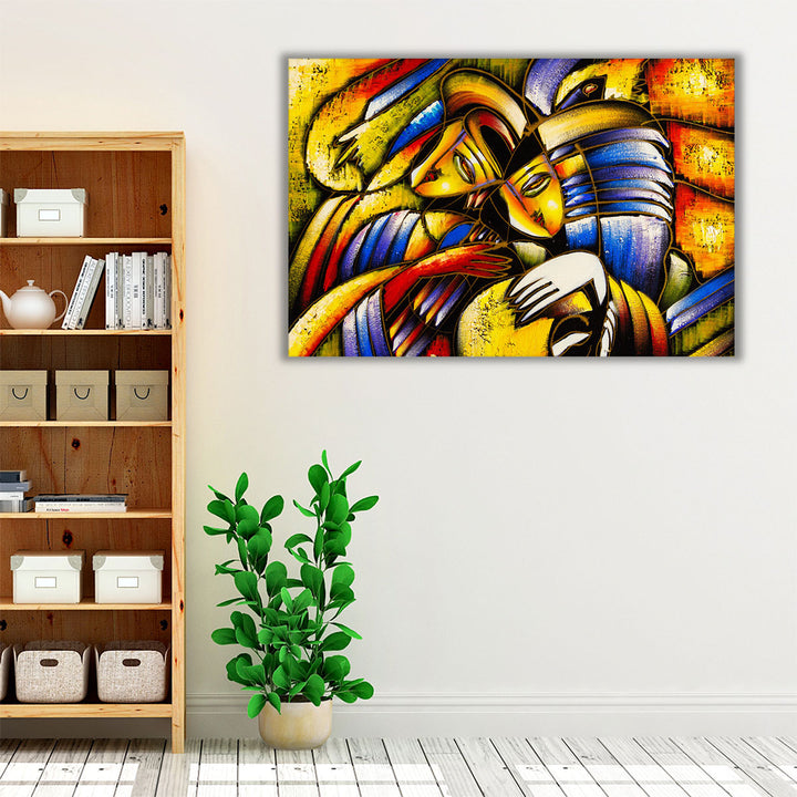 Yellow Blue Hallway Art – boho abstract portrait for entry wall