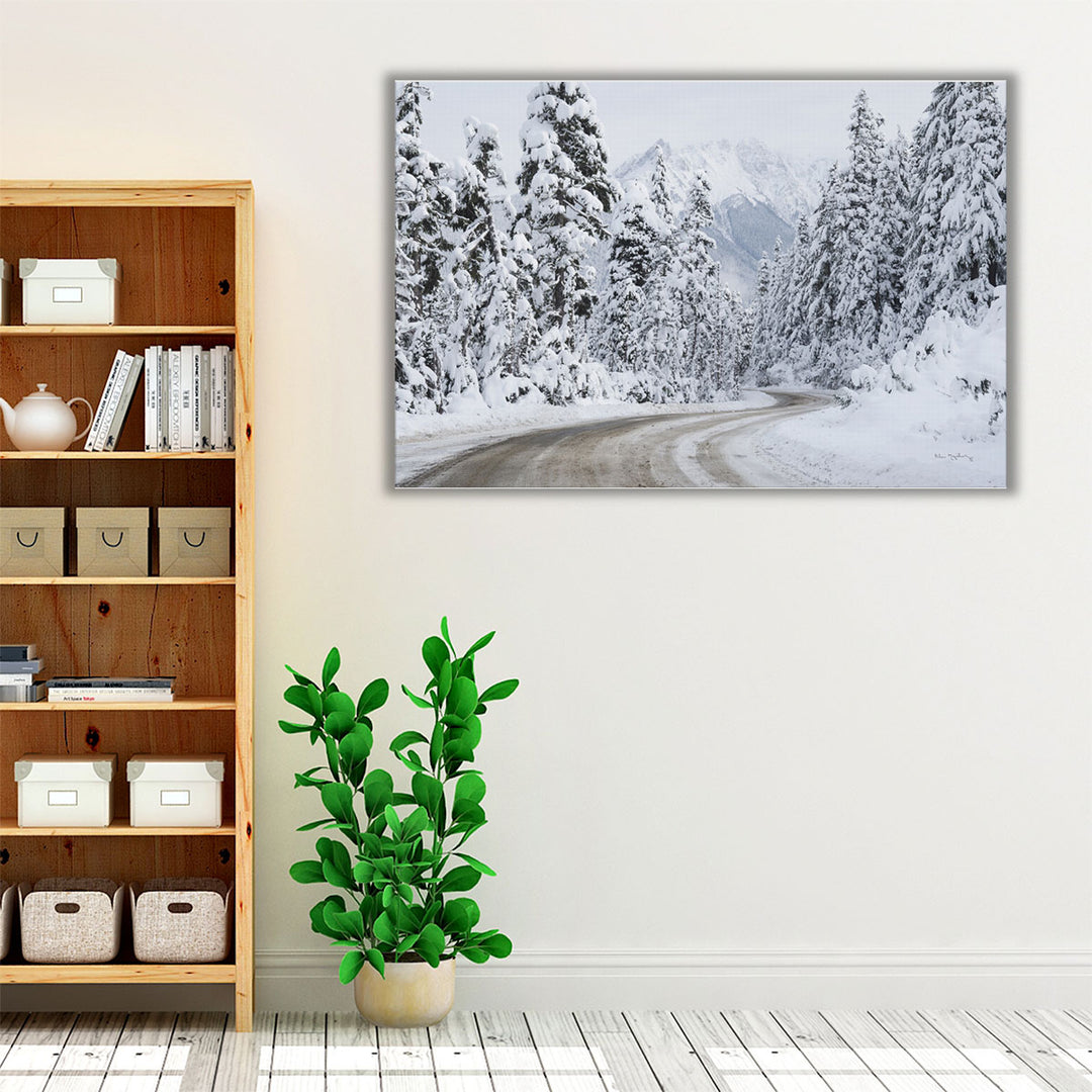 Living room wall art with serene winter scene in neutral tones