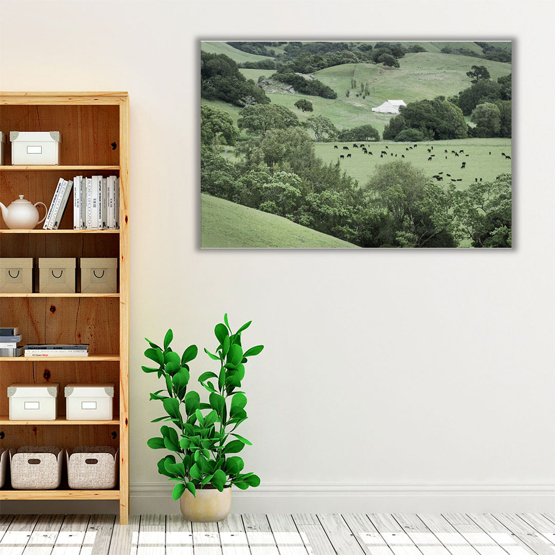 Green field and tree wall art with rural scene