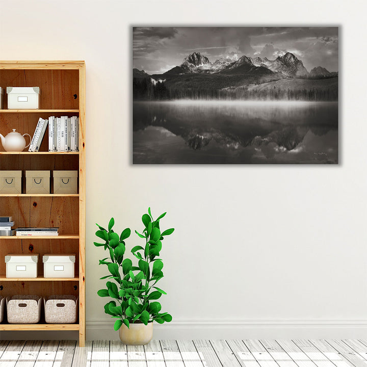 Monochrome mountain and lake wall art, framed photo décor
