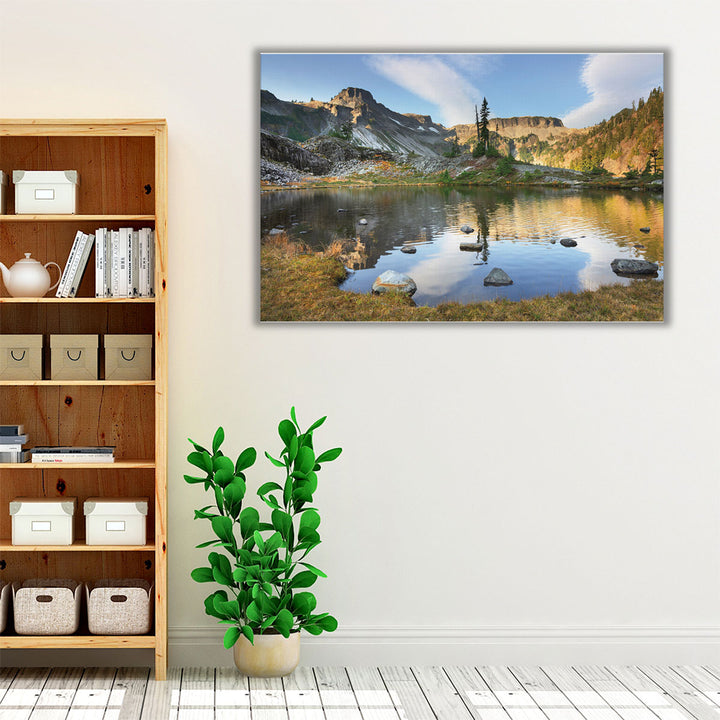 Brown green blue mountain lake wall decor