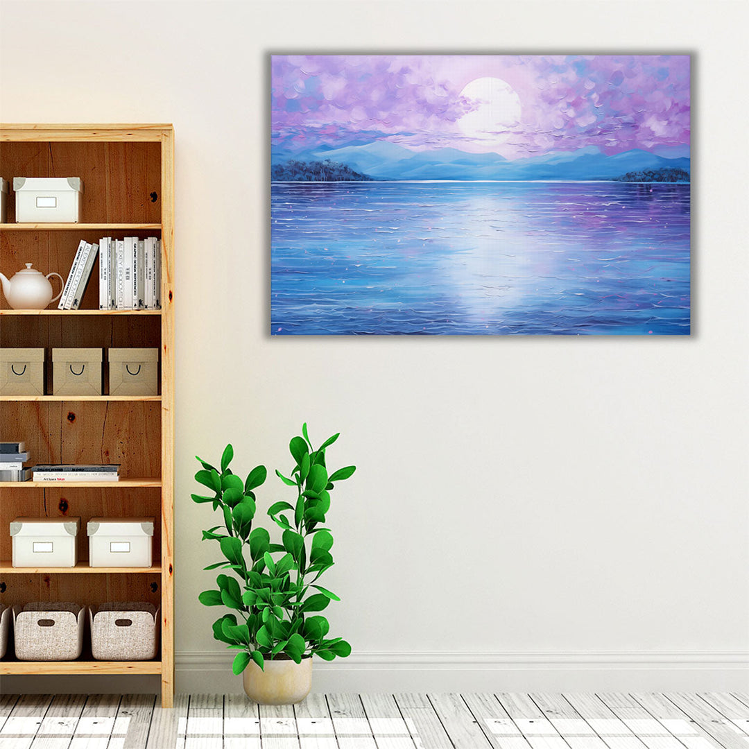 Purple blue and neutral wall art with scenic abstract design