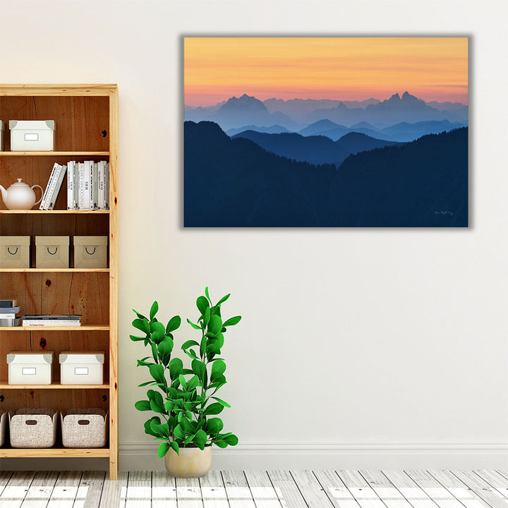 Living room framed art with tranquil sunset scene