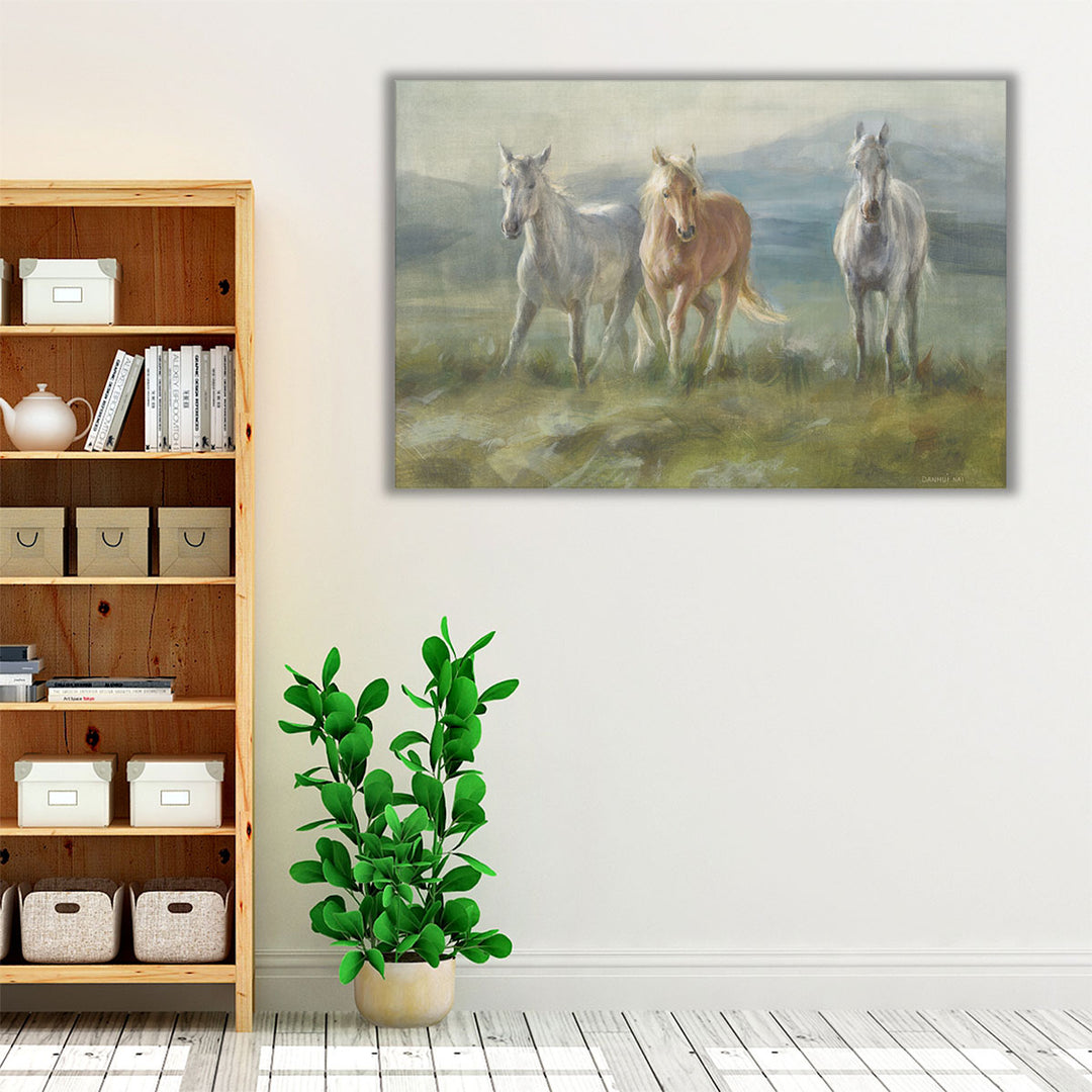 Nature-inspired bedroom wall art with horses and mountains