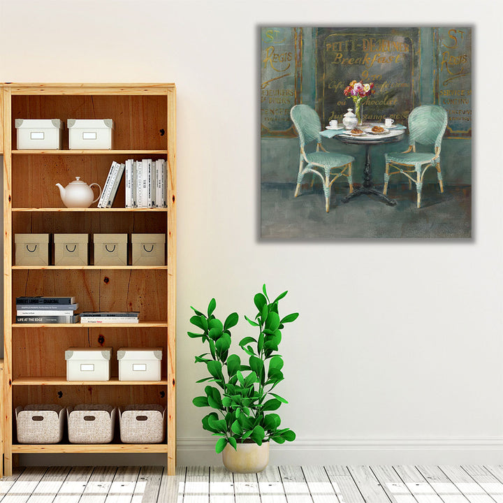 Mint green framed canvas in dining nook