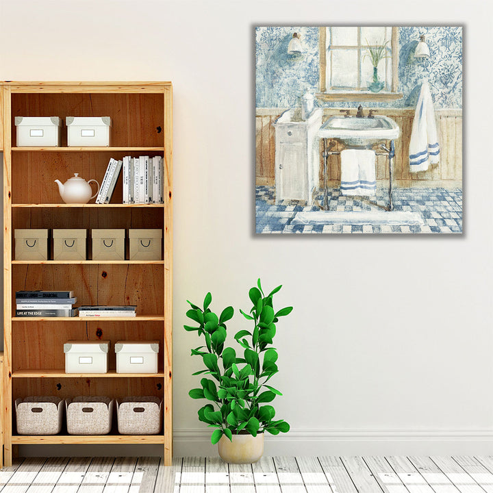 Bathroom décor blue and white artwork