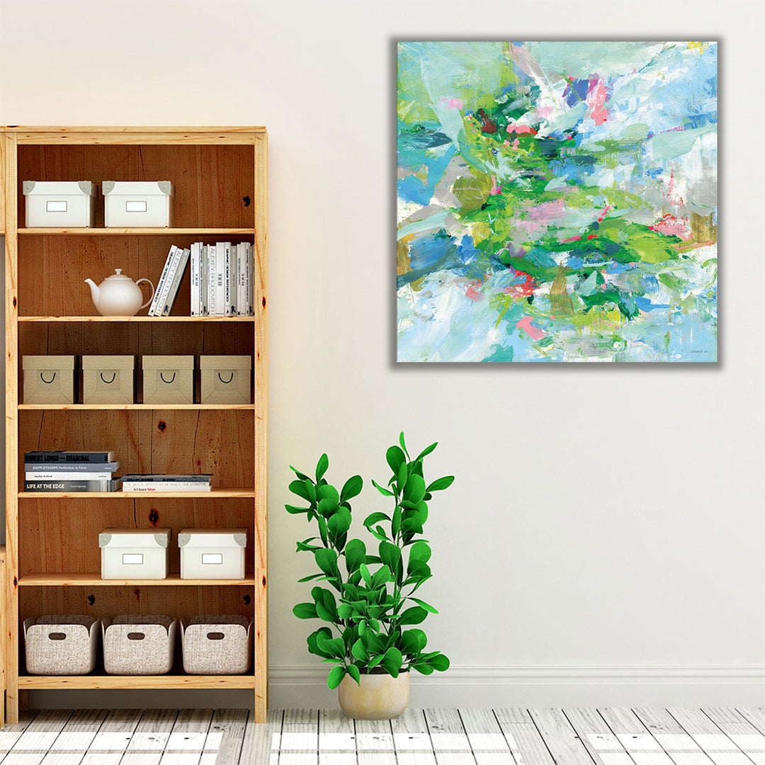 Minimalist hallway décor with pastel abstract art