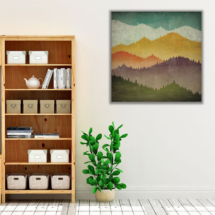 Serene bedroom wall art with mountain and abstract elements