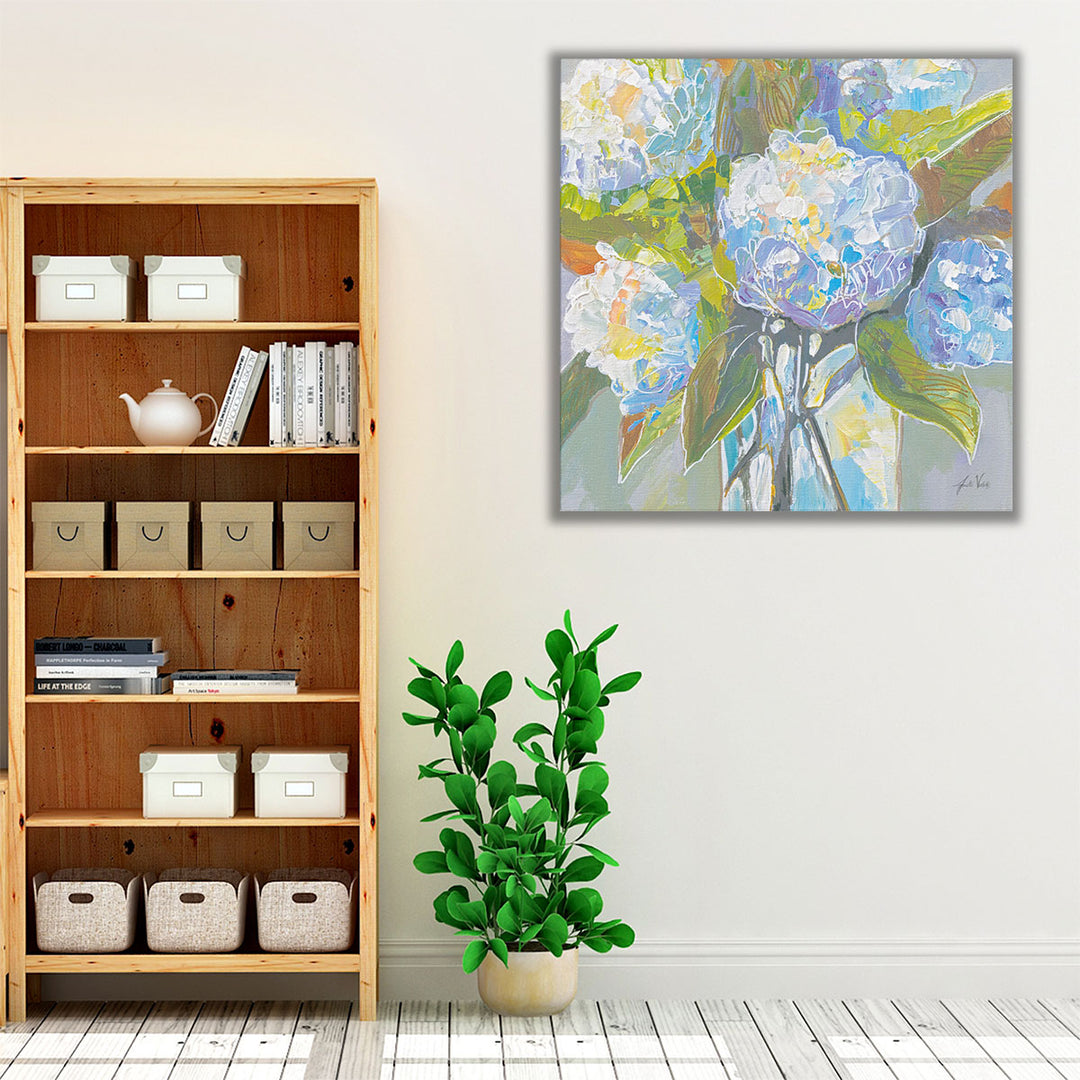 Green and blue flowers on white canvas