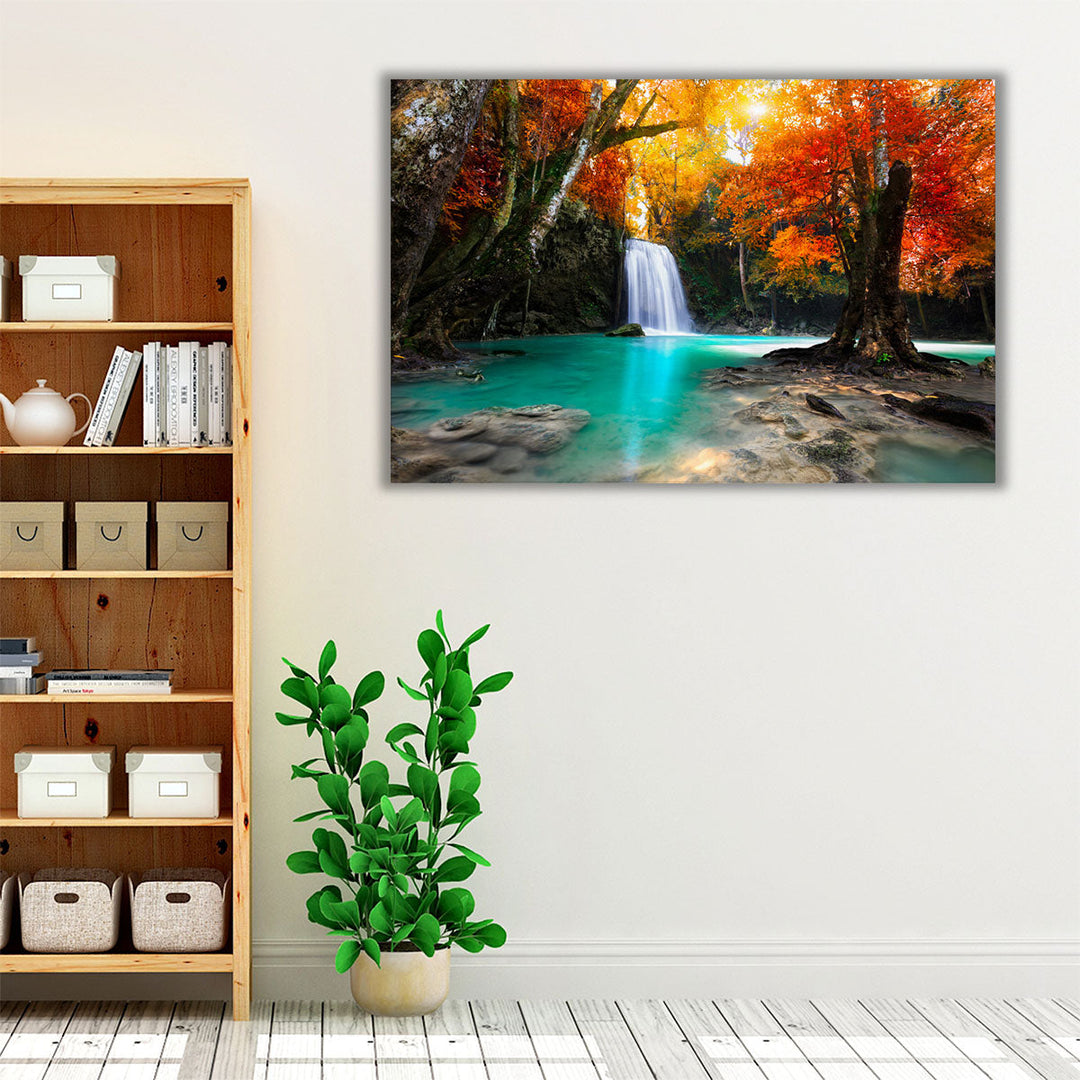 Deep Forest Waterfall During Autumn - Canvas Print Wall Art