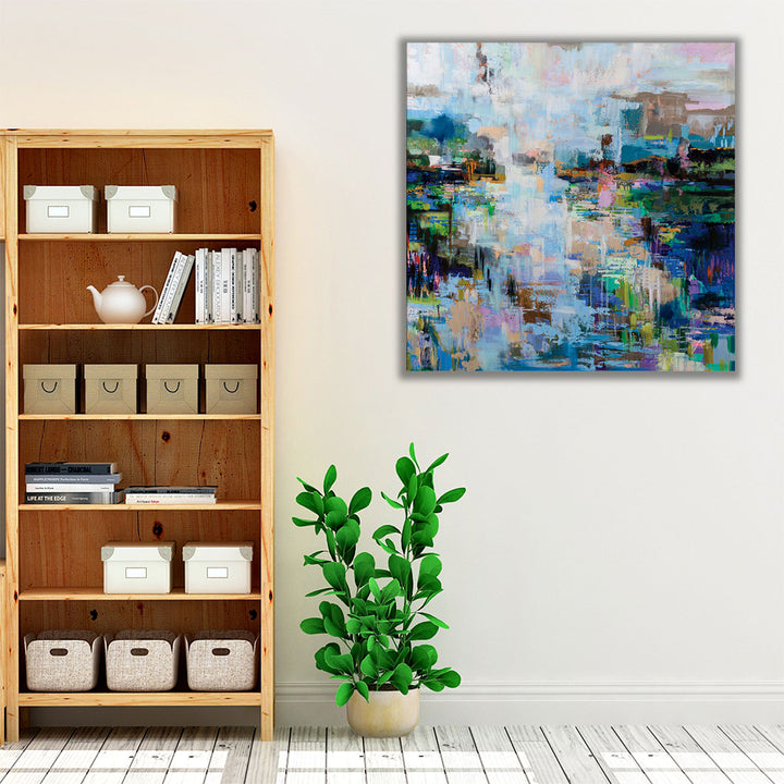 Living room wall art with blue-green tones