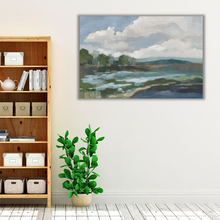 Blue green and neutral wall art with floral shapes