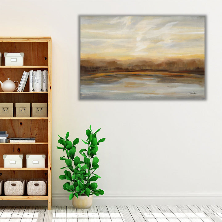 Brown Neutral Bedroom Art – abstract lake print for tranquil décor