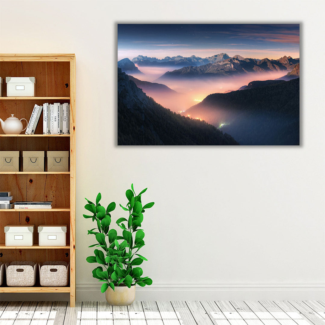 First Rays on Misty Mountains in Dolomites, Italy - Canvas Print Wall Art