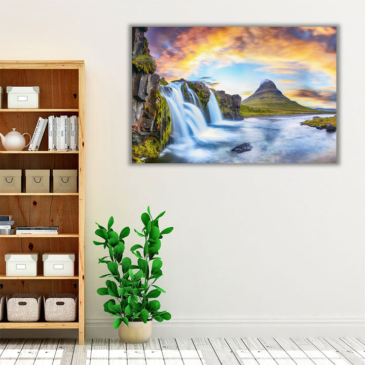 Kirkjufellsfoss Waterfall At Sunset in Iceland - Canvas Print Wall Art